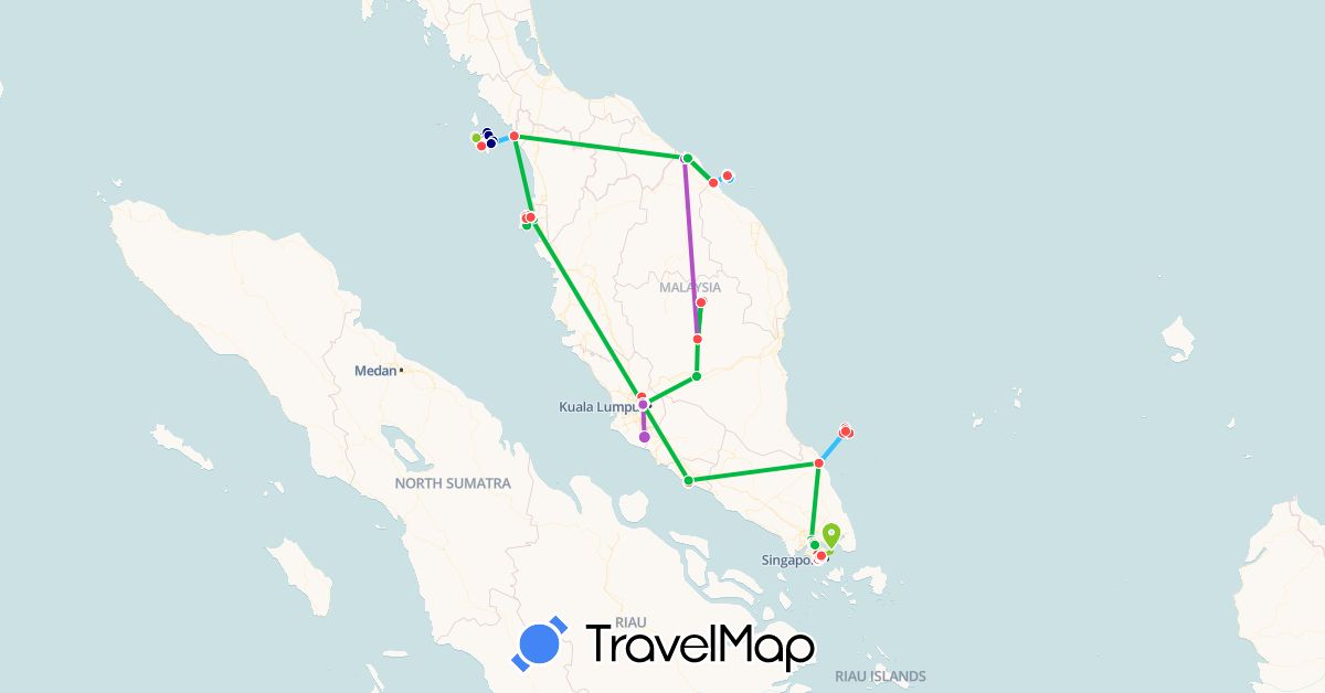 TravelMap itinerary: driving, bus, train, hiking, boat, electric vehicle in Malaysia, Singapore (Asia)