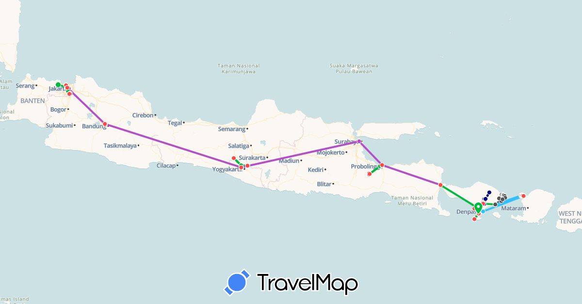 TravelMap itinerary: driving, bus, cycling, train, hiking, boat, motorbike in Indonesia (Asia)