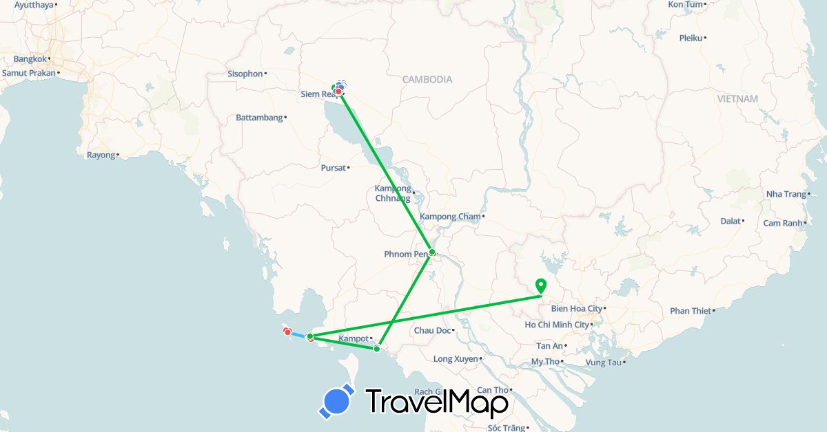 TravelMap itinerary: driving, bus, cycling, hiking, boat in Cambodia (Asia)