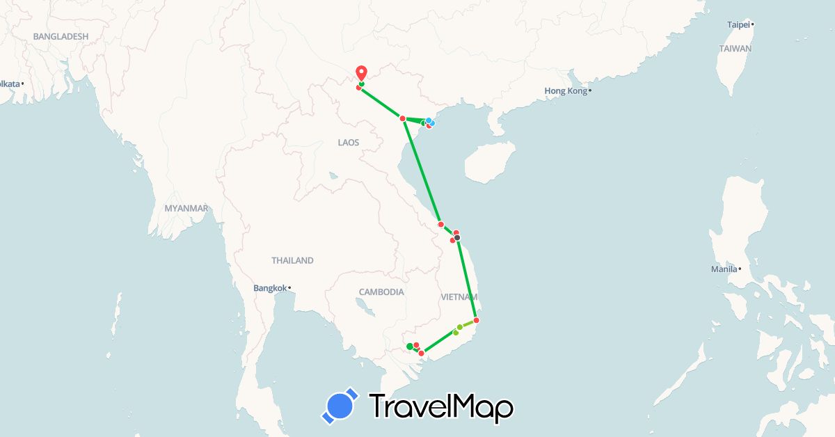 TravelMap itinerary: driving, bus, cycling, hiking, boat, motorbike, electric vehicle in Vietnam (Asia)