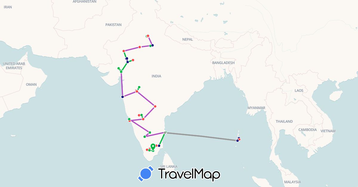 TravelMap itinerary: driving, bus, plane, cycling, train, hiking, boat, motorbike, electric vehicle in India (Asia)