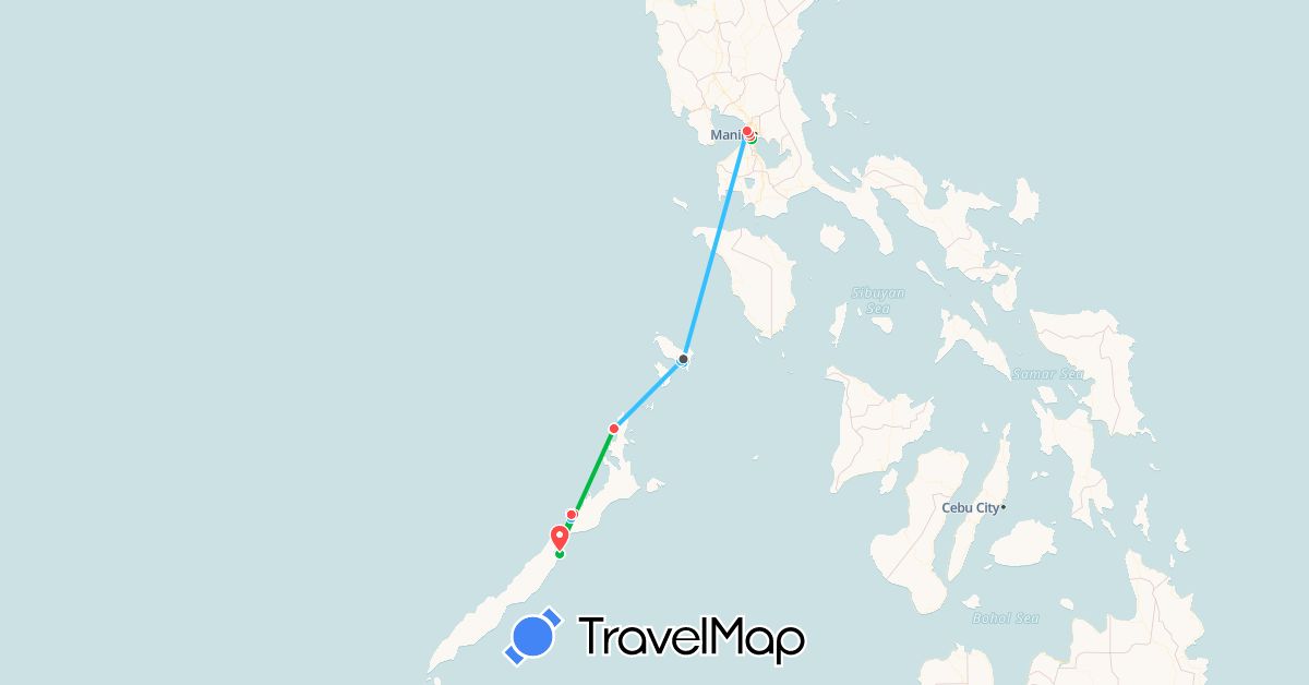 TravelMap itinerary: driving, bus, train, hiking, boat, motorbike in Philippines (Asia)