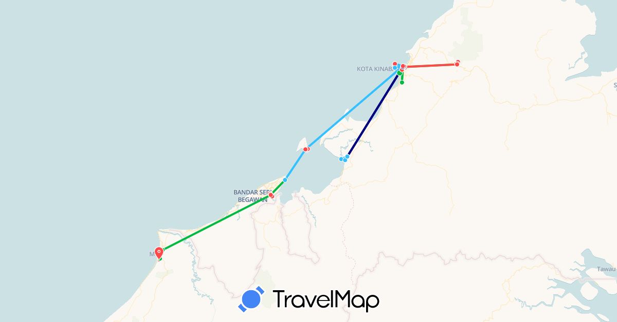 TravelMap itinerary: driving, bus, hiking, boat in Brunei, Malaysia (Asia)