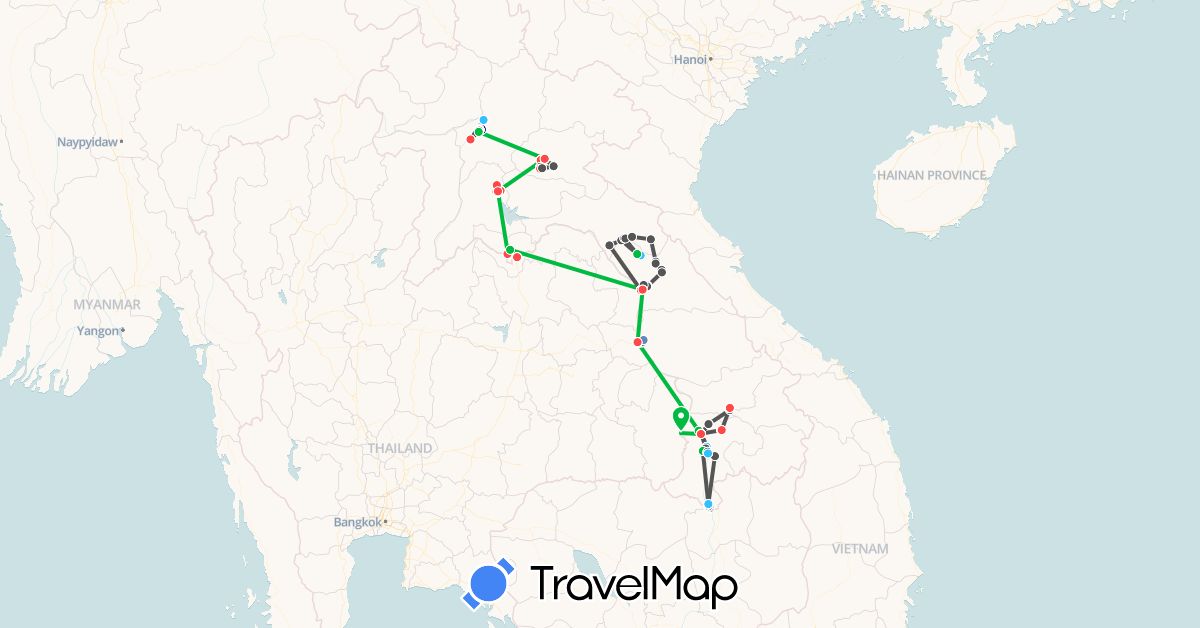 TravelMap itinerary: driving, bus, cycling, hiking, boat, motorbike in Laos (Asia)