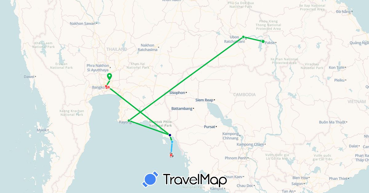TravelMap itinerary: driving, bus, hiking, boat, motorbike, electric vehicle in Thailand (Asia)