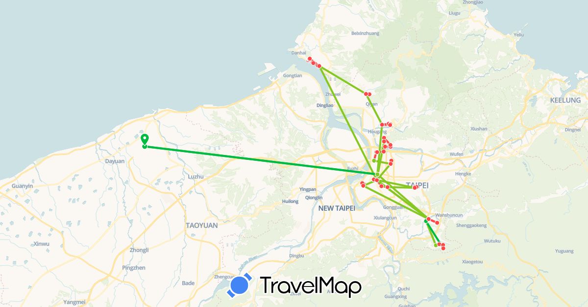TravelMap itinerary: driving, bus, hiking, electric vehicle in Taiwan (Asia)
